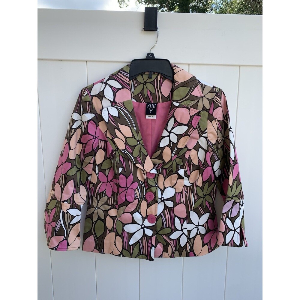 Alli Y Jacket Womens Button-Up Shoulder Pads Short Floral Size 8 Vintage